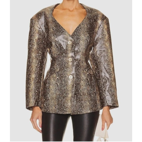 $475 Ganni Women's Brown Snakeskin Print Faux Leather Jacket Size EU 36 - Picture 1 of 8